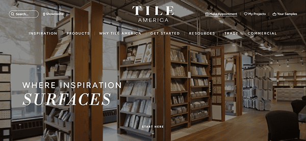The interior of a tile and surface showroom, featuring shelves filled with tile samples and displays, with text overlay promoting Tile America as one of the best tile websites.