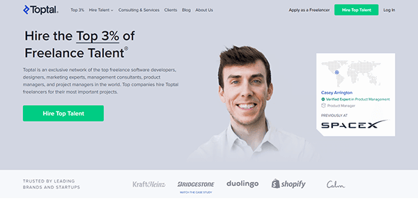 Screenshot of Toptal’s homepage featuring a headline about the top 3% of freelance talent, a photo of a man, a map, and logos of well-known companies—showcasing why Toptal ranks among the best recruiting websites.