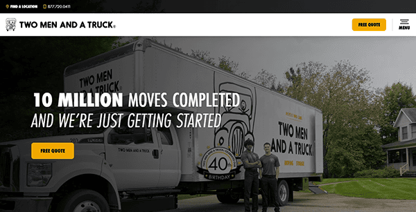 Two men stand proudly in front of a branded moving truck. The image highlights, "10 Million Moves Completed and We're Just Getting Started." Discover more about us on the best local service company websites today!.
