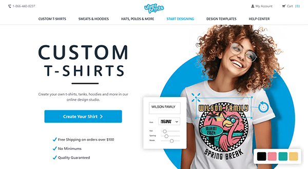 A smiling woman in glasses and a custom t-shirt stands beside a website interface showcasing Best T-Shirt Design features, including highlighted tools and a color selection panel for creating unique personalized shirts.