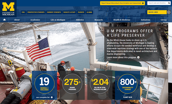The University of Michigan website homepage, recognized among the best school websites, showcases a marine research scene, academic program stats, and easy navigation highlighting departments and resources.
