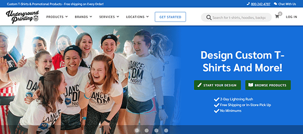 A group of smiling young people wearing matching "Dance Maroon" tees stand together on the homepage of one of the best T-shirt design websites.