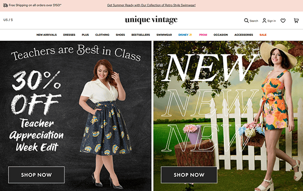 Split-screen ad: Left side promotes 30% off for Teacher Appreciation Week with a woman in a skirt; right side highlights the best vintage clothing—a woman in a floral dress marked "NEW" stands by a white fence, perfect for vintage clothing websites.