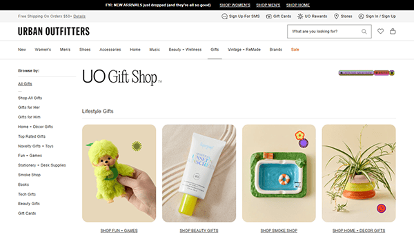 Urban Outfitters’ online gift shop page features sections for games, beauty, snacks, and home decor—perfect for fans of the best vintage clothing websites—with product images and easy navigation options on the left.