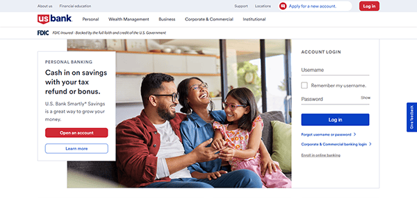 A family of three sits smiling on a couch in a living room. The U.S. Bank website displays login fields, a savings account promotion, and info about mortgage options, showing why it's among the best mortgage websites.