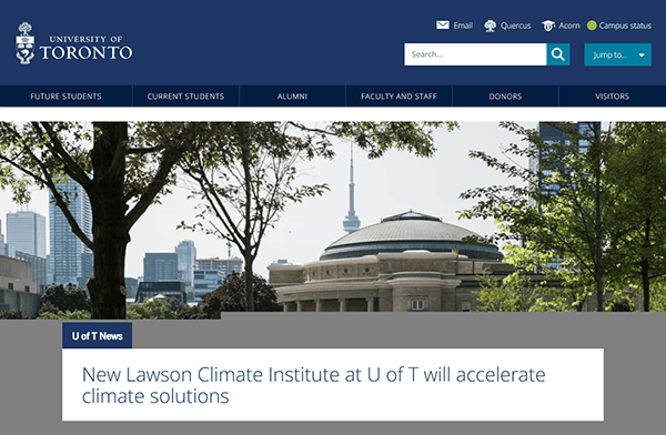 Screenshot of the University of Toronto website, a great example of Top School Websites, featuring news about the new Lawson Climate Institute with campus buildings and the CN Tower in the background.