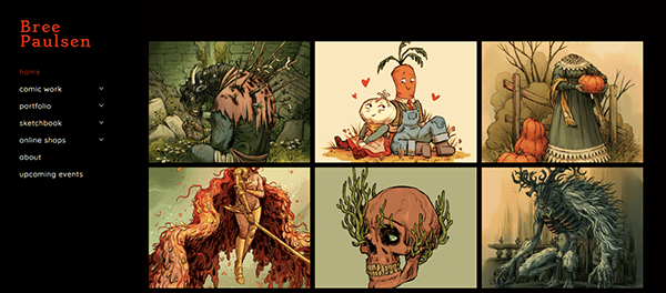 A website portfolio page for artist Bree Paulsen displays six illustrated artworks, each featuring fantasy or surreal characters, with a navigation menu on the left—an inspiring example among personal portfolio websites.