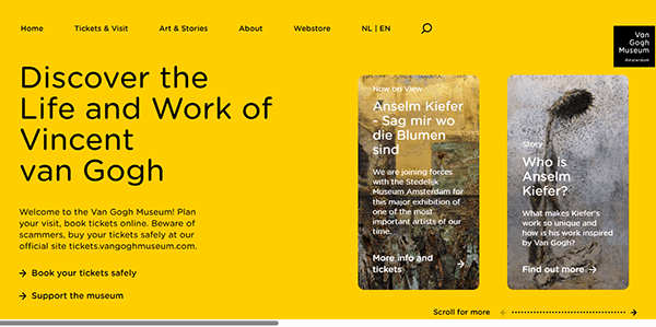 Screenshot of the Van Gogh Museum website featuring a yellow background, navigation menu, and exhibition details—an inspiring example for best museum websites and innovative museum website design.