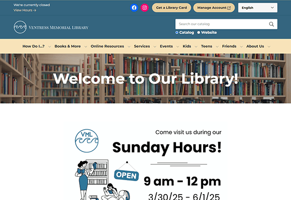 The Ventress Memorial Library homepage displays Sunday hours, service links, and important notices about holiday closures at the top of the page.