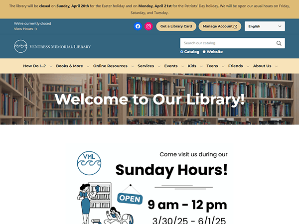 The Ventress Memorial Library homepage displays Sunday hours, service links, and important notices about holiday closures at the top of the page.