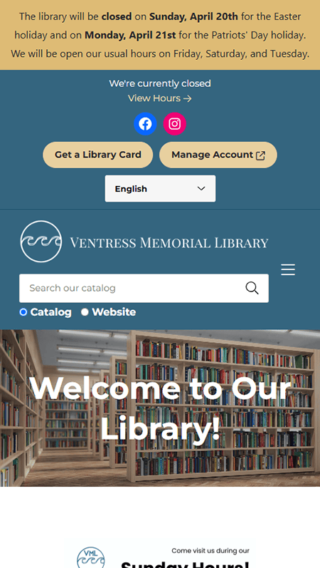 Vertical webpage for Ypsilanti District Library, inspired by Ventress Memorial Library, showing Sunday hours, digital resources, tutoring, events, newsletter signup, contact info, and logo, with a bookshelf image near the top.