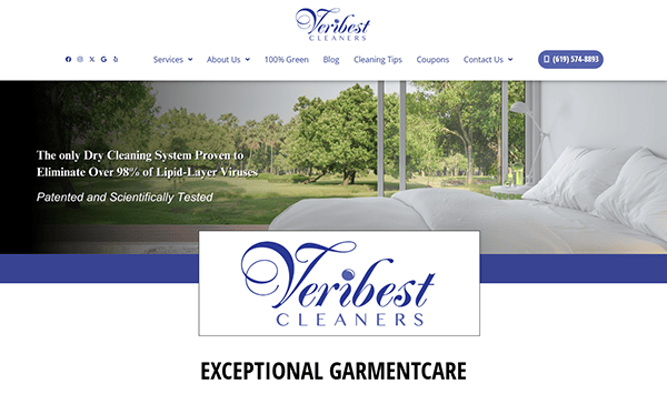 Screenshot of Veribest Cleaners' website, a local service company, featuring a nature scene and a bedroom. The text underscores their efficient dry cleaning system and comprehensive services.