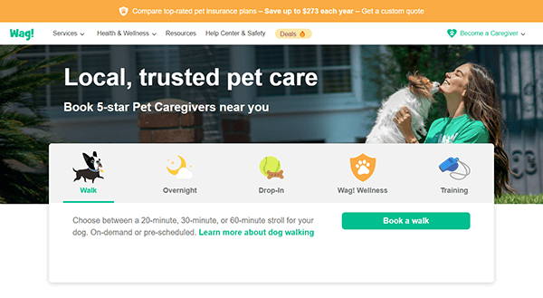 Website screenshot showcasing a Local Service Company offering premium pet care services, including walking, overnight stays, drop-ins, wellness, and training. In the background, a woman lovingly hugs a dog.