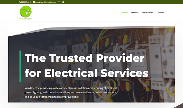 A screenshot of Ward Electric Ltd.'s homepage showcases its sleek, professional design often seen on top industrial electrician websites. A bold banner states "The Trusted Provider for Electrical Services," with contact details conveniently displayed at the top.