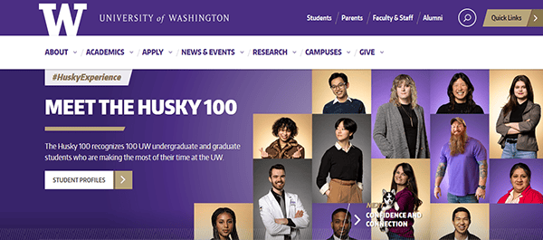 Screenshot of the University of Washington website, one of the top school websites, featuring the "Meet the Husky 100" section with portraits of diverse students and a brief description of the Husky 100 program.