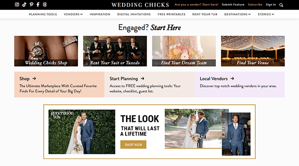 Screenshot of the Wedding Chicks homepage, one of the Best Wedding Websites, featuring planning tools, vendor options, and promotional banners for wedding attire and venues.