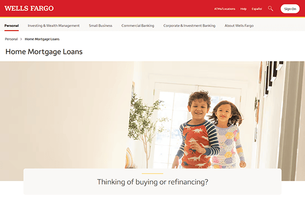 Two children in pajamas run through a sunlit room; the Wells Fargo Home Mortgage Loans webpage header and navigation—featured on one of the best mortgage websites—are visible above.