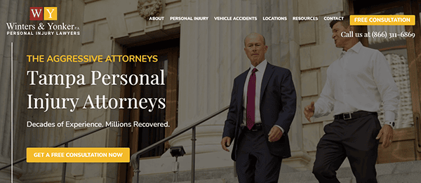 Two men in business attire walk down courthouse steps. The image promotes Winters & Yonker, featured on best personal injury websites, Tampa personal injury attorneys, with contact info and a free consultation button visible.