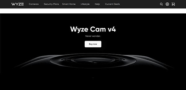 Wyze website homepage featuring the Wyze Cam v4, perfect for your smart home, with a "Buy now" button and easy navigation links at the top.