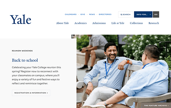Two men wearing name tags sit on a bench outside, smiling and talking, featured on a Yale University webpage about reunion weekends—an example of engaging content found on the best school websites.