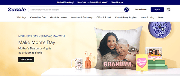 Zazzle homepage featuring Mother's Day gifts, including a personalized pillow with a photo of two women, greeting cards, a mug, and unique T-shirt designs. Banner promotes a sale on gifts. Discover one of the best T-shirt design websites for custom presents.