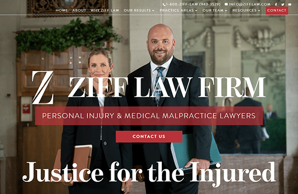 Two lawyers, a woman holding a folder and a man in a suit, stand before a building. Text reads: “Ziff Law Firm. Personal Injury & Medical Malpractice Lawyers”—recognized among the top personal injury websites.