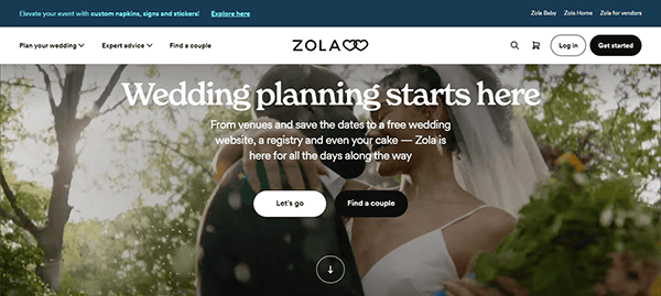 Screenshot of Zola's homepage showing a couple at their wedding with the headline "Wedding planning starts here," highlighting Zola as one of the best wedding websites, plus buttons for planning or finding a couple.