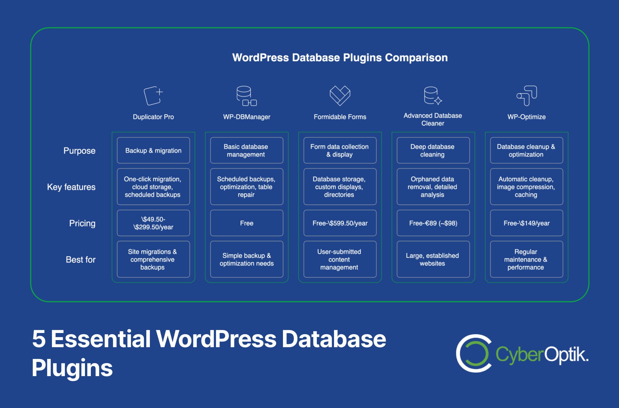 Comparison chart of five WordPress database plugins, detailing their purpose, key features, pricing, and best use cases, with CyberOptik branding at the bottom.