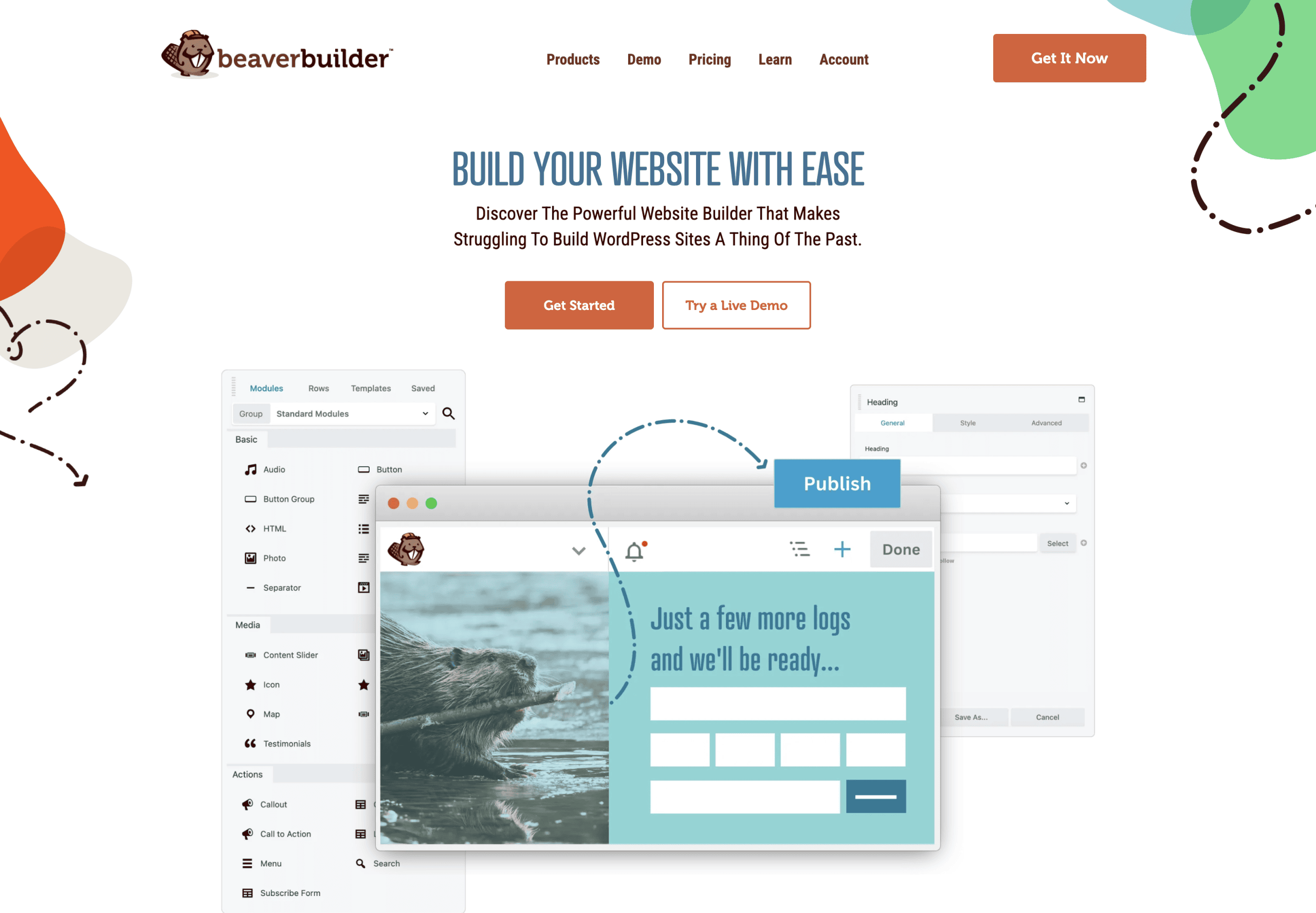 BeaverBuilder website homepage showing a header, navigation menu, call-to-action buttons, and a sample website editor interface with a Publish button.