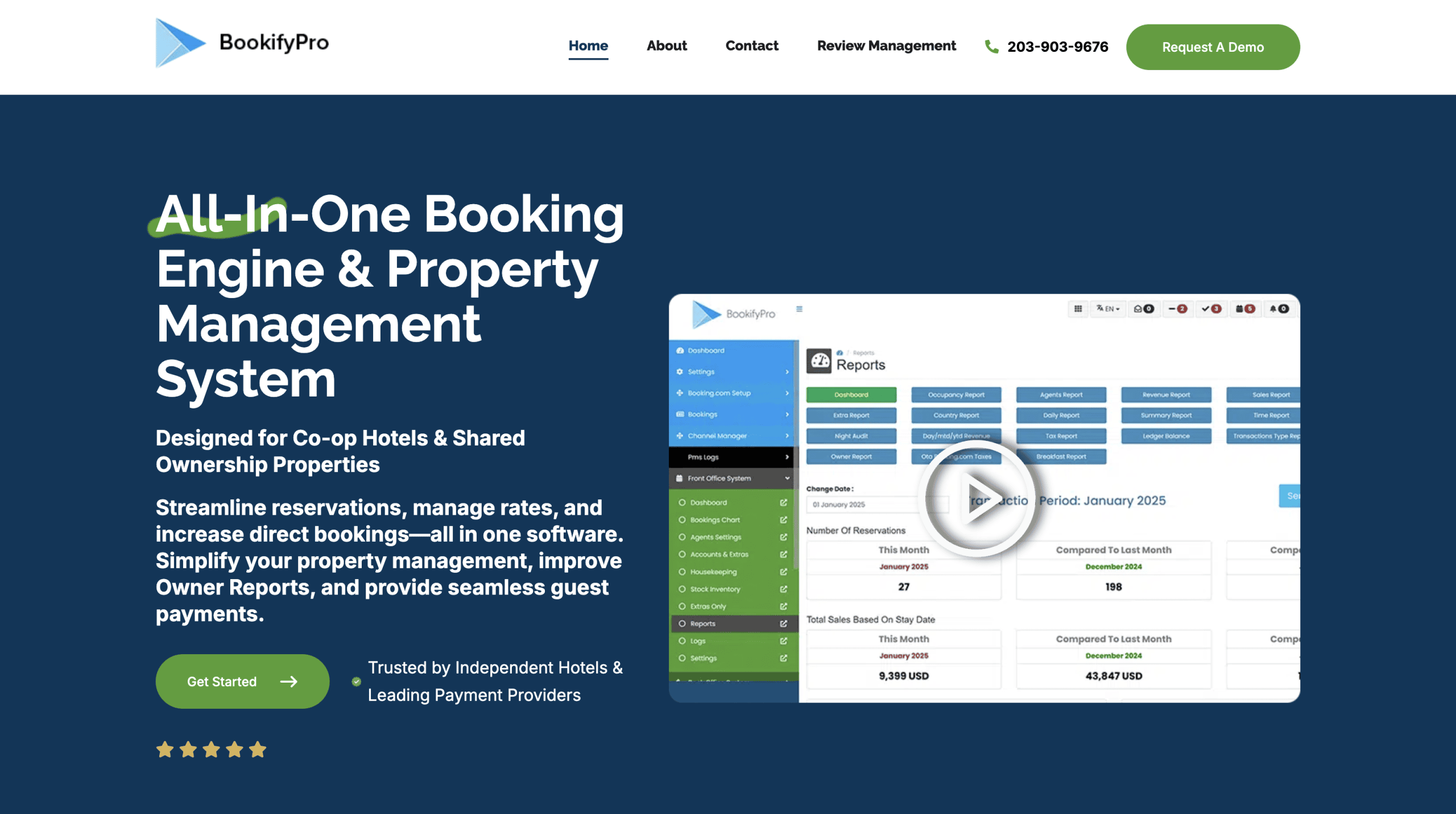 Screenshot of the BookifyPro website homepage featuring a booking and property management system, with a demo video, navigation bar, and call-to-action buttons.