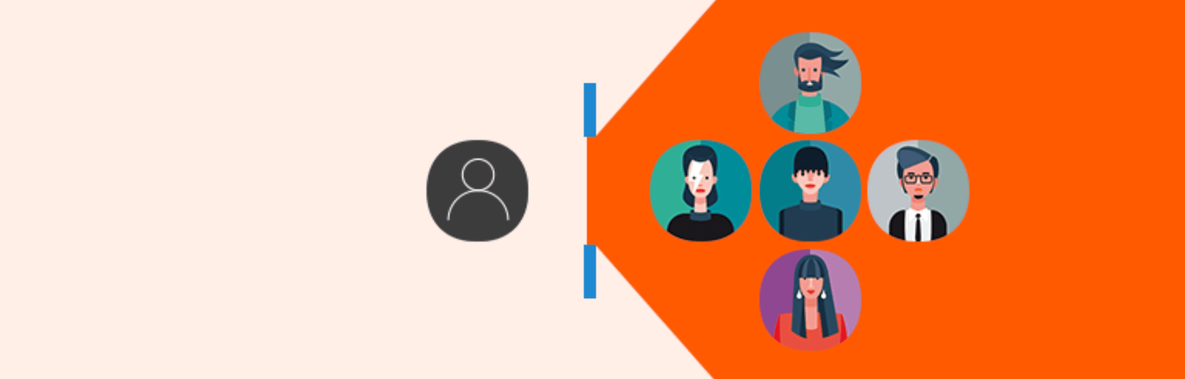 An icon of a person connects to six illustrated avatars within an orange triangular shape, representing different individuals or a network.