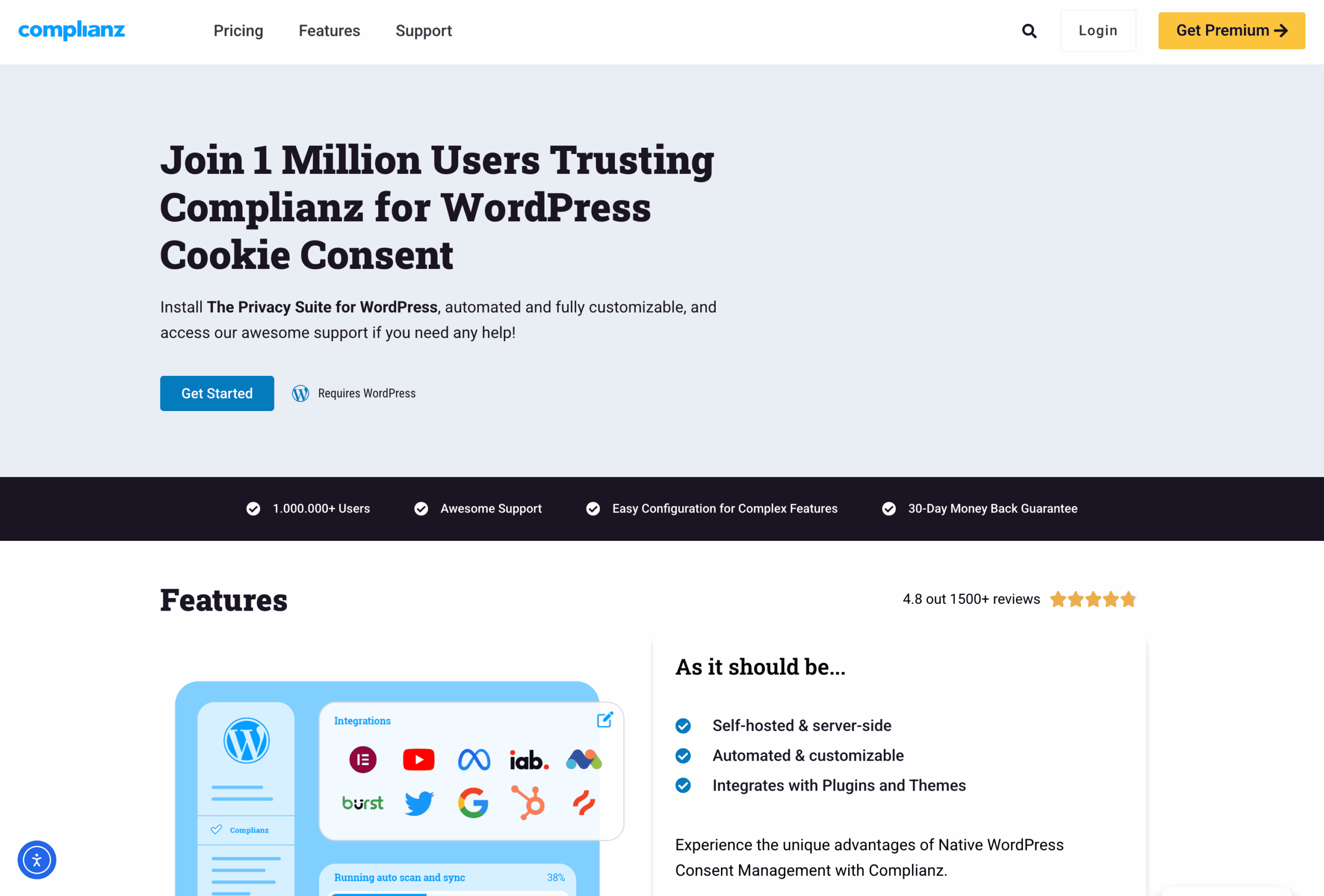 Screenshot of the Complianz website homepage promoting a WordPress cookie consent plugin, highlighting its features, user base, and call-to-action buttons.