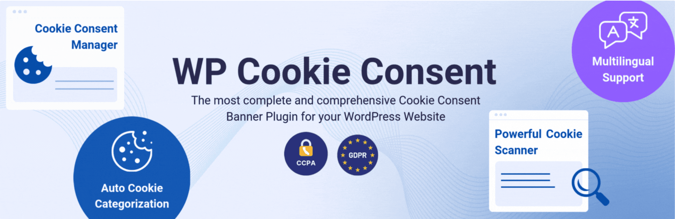 Banner promoting WP Cookie Consent plugin for WordPress, highlighting features like cookie manager, auto categorization, multilingual support, and cookie scanner, with CCPA and GDPR icons.