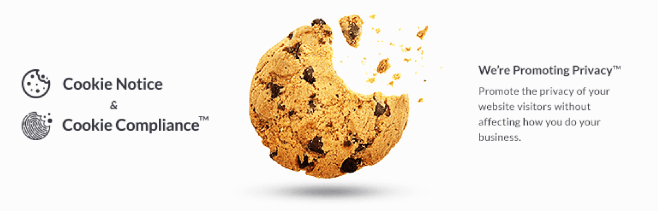 A partially eaten chocolate chip cookie is centered between text reading "Cookie Notice & Cookie Compliance" on the left and a privacy message on the right.