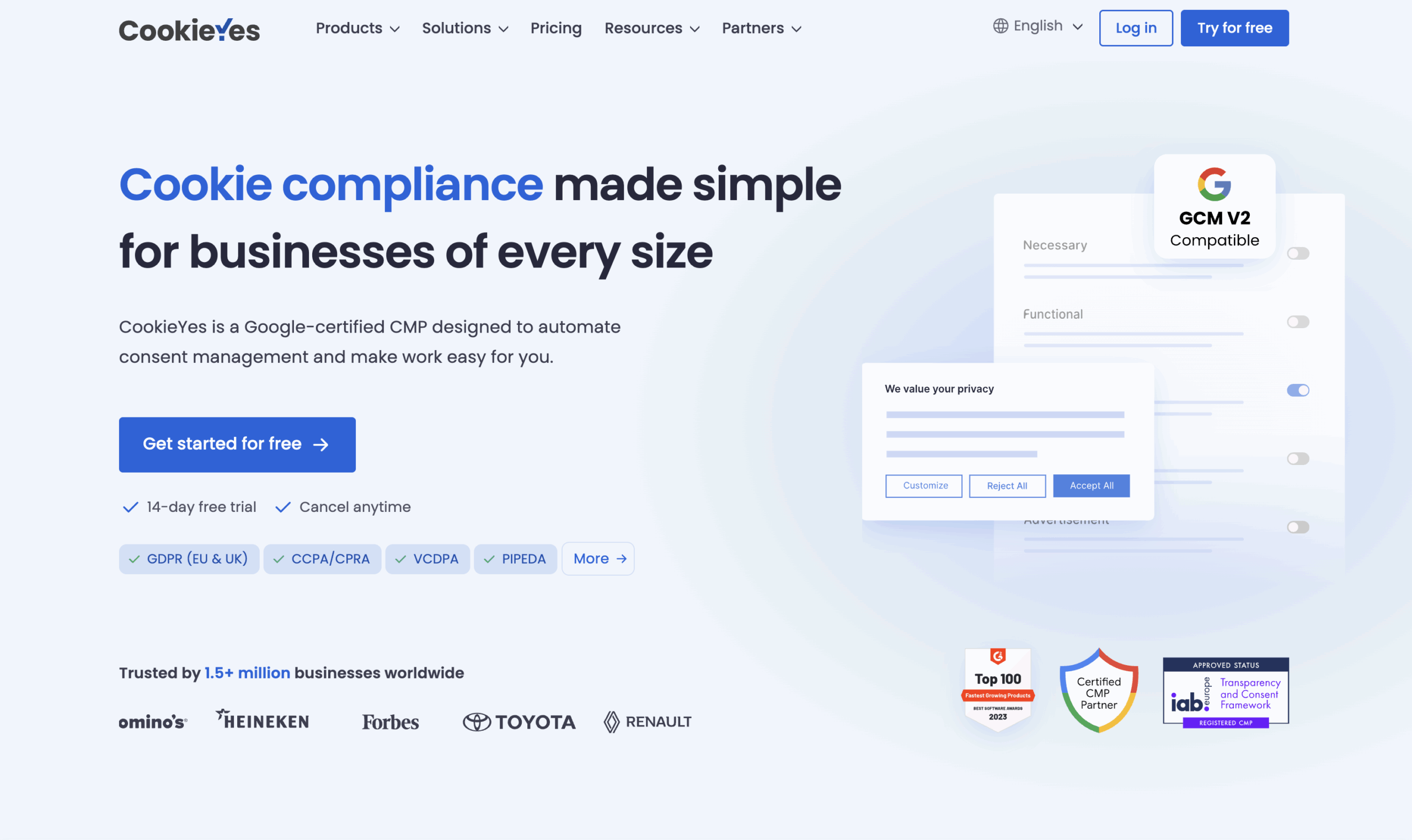Homepage of CookieYes showing tools for cookie compliance management, a call-to-action to get started, supported regulations, client logos, and certifications at the bottom.