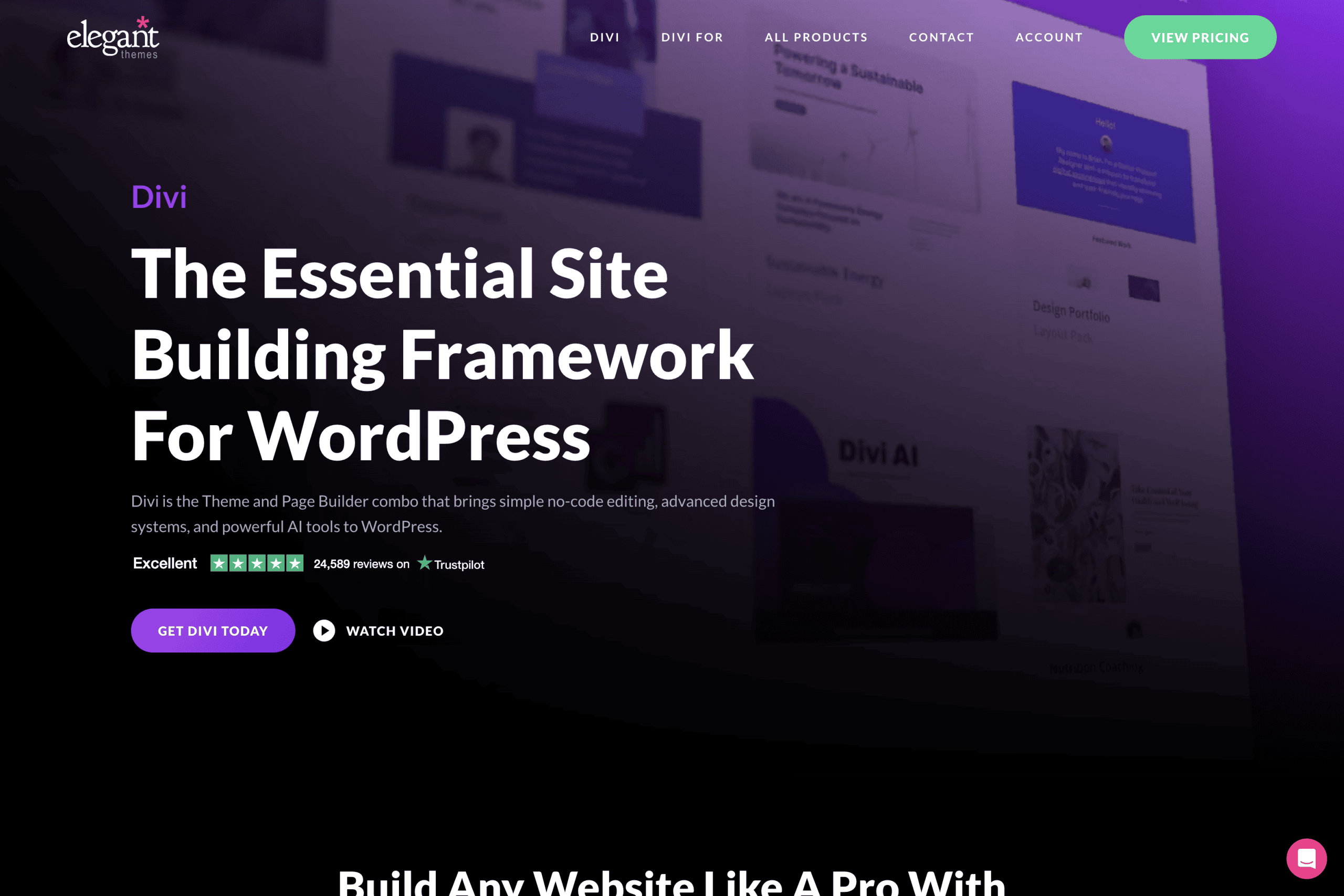 Screenshot of the Elegant Themes Divi homepage, highlighting its WordPress site building features, review ratings, and call-to-action buttons against a blurred website background.