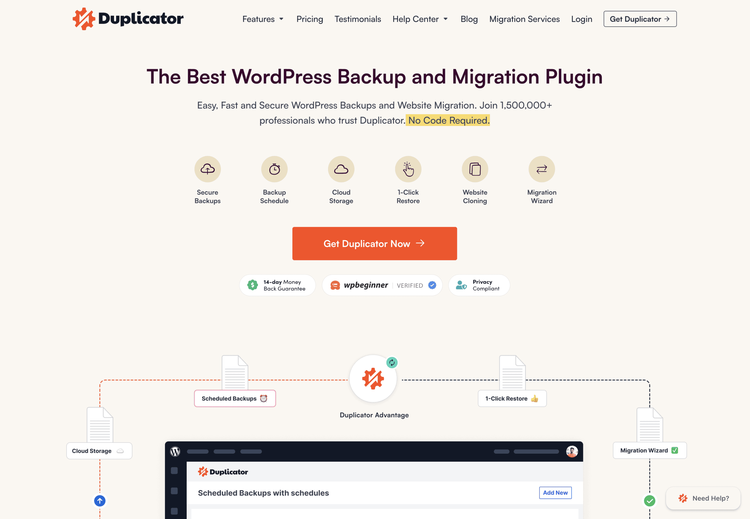 Screenshot of the Duplicator website homepage highlighting its WordPress backup and migration plugin with features, user trust, and a “Get Duplicator Now” call-to-action button.