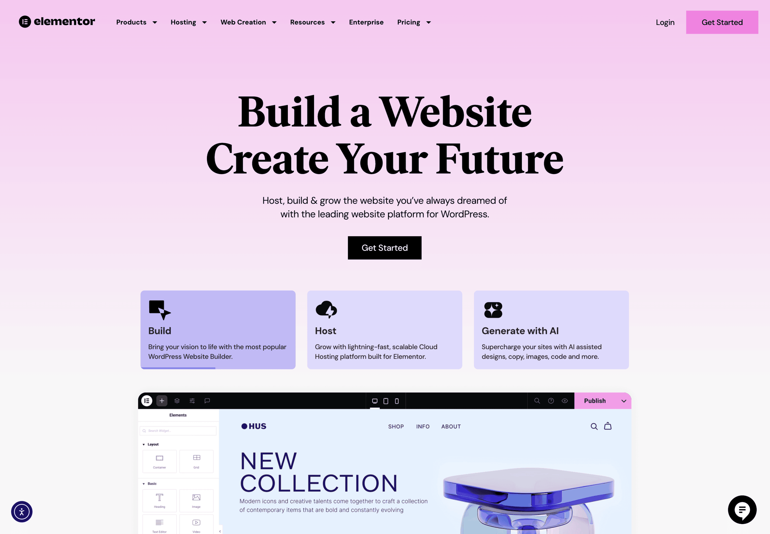 Screenshot of Elementor’s homepage with the headline "Build a Website, Create Your Future," options for hosting and AI website generation, and a website builder interface displayed below.