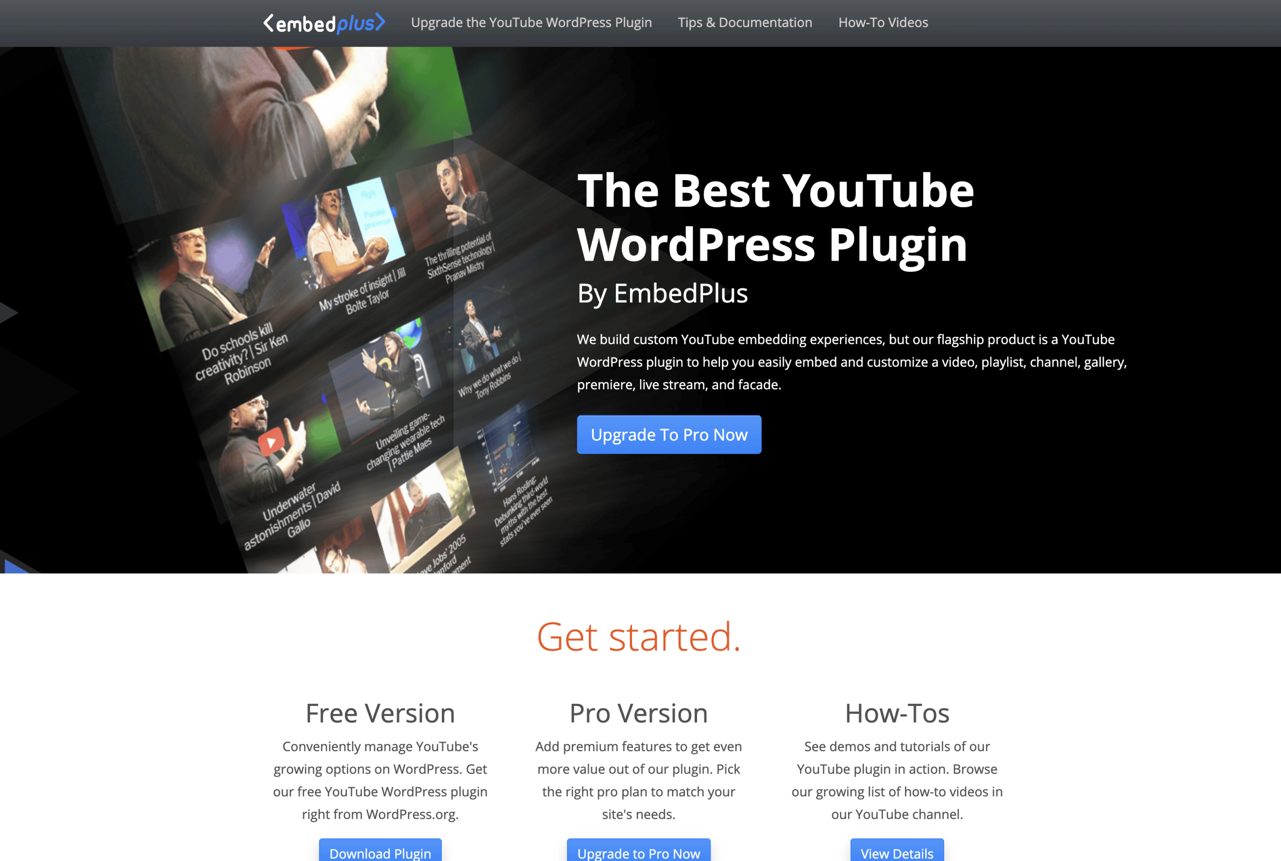 Homepage of EmbedPlus promoting its YouTube WordPress plugin with upgrade options, a feature list, and a side view of embedded YouTube video thumbnails.