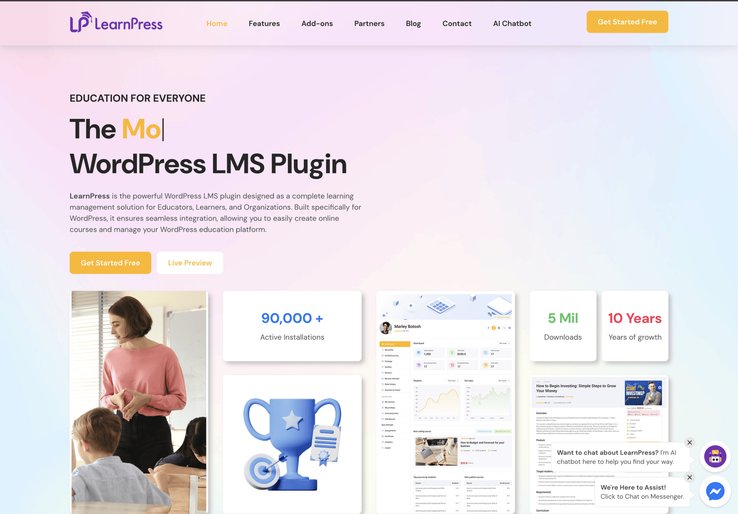 Screenshot of LearnPress website homepage featuring a headline about a WordPress LMS plugin, call-to-action buttons, and statistics on active installations, downloads, and years of growth.