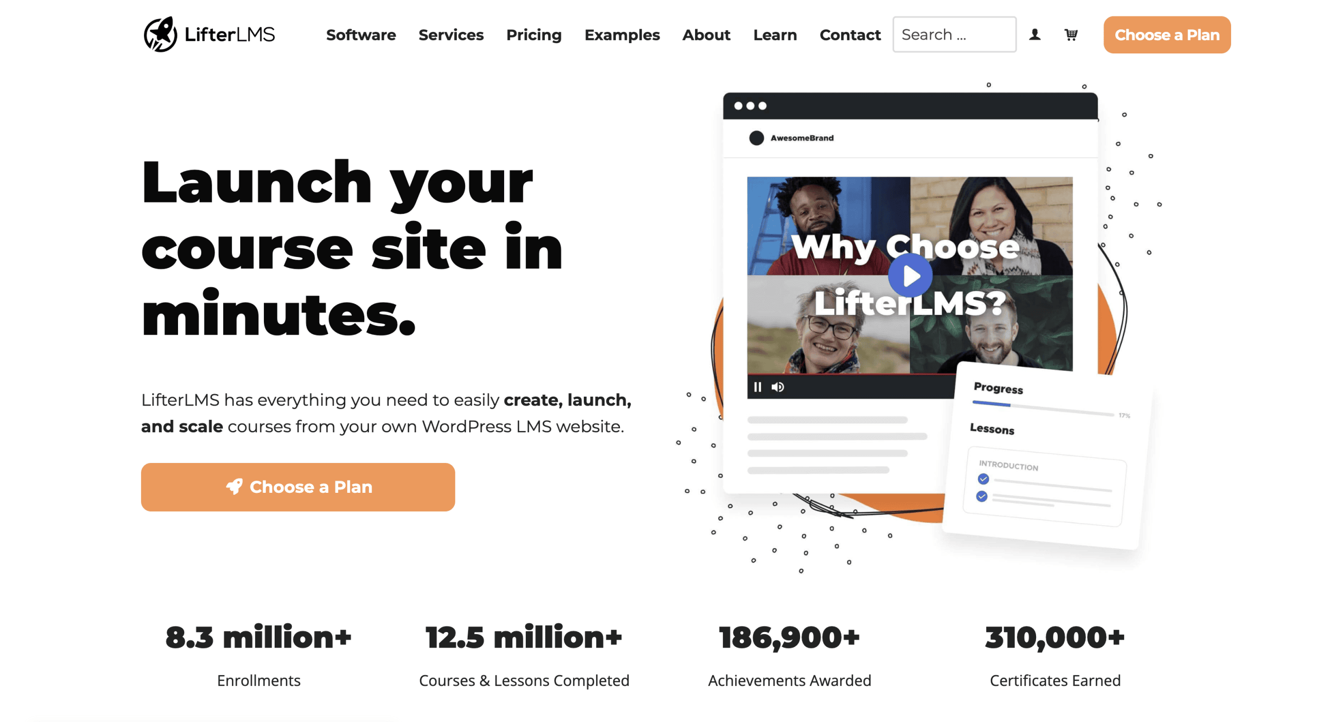 LifterLMS homepage showing a headline about launching a course site, a video thumbnail, a progress graphic, and statistics on enrollments, lessons, achievements, and certificates.