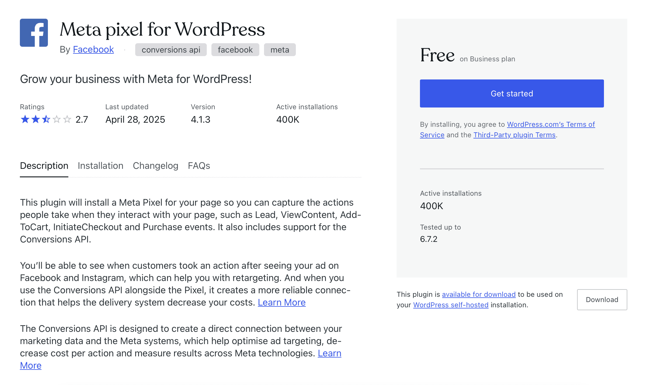 Screenshot of the Meta Pixel for WordPress plugin page, showing ratings, version, active installations, and a description of its features and installation instructions.