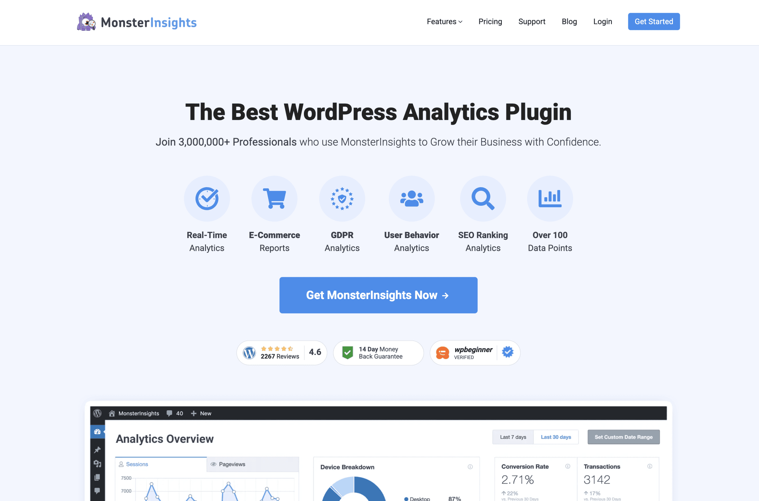 MonsterInsights WordPress plugin homepage featuring a headline about analytics, feature icons, a call-to-action button, partner logos, and an analytics overview screenshot.