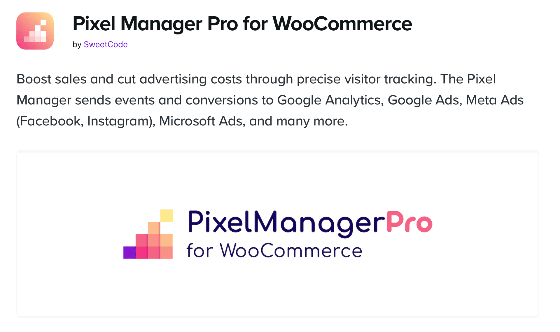 A webpage for Pixel Manager Pro for WooCommerce, featuring a logo and text describing its ad tracking and analytics integration capabilities for various platforms.
