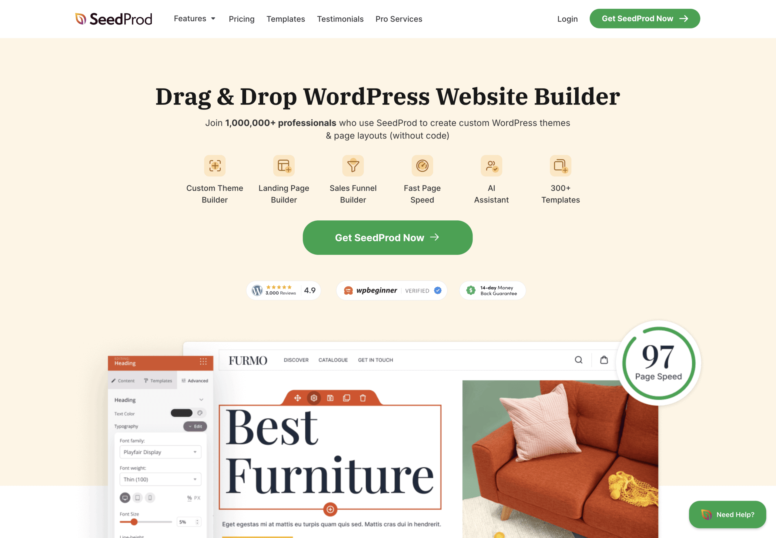 Screenshot of SeedProd's homepage featuring its drag-and-drop WordPress website builder, emphasizing ease of use, customizable themes, high page speed, and a green "Get SeedProd Now" button.
