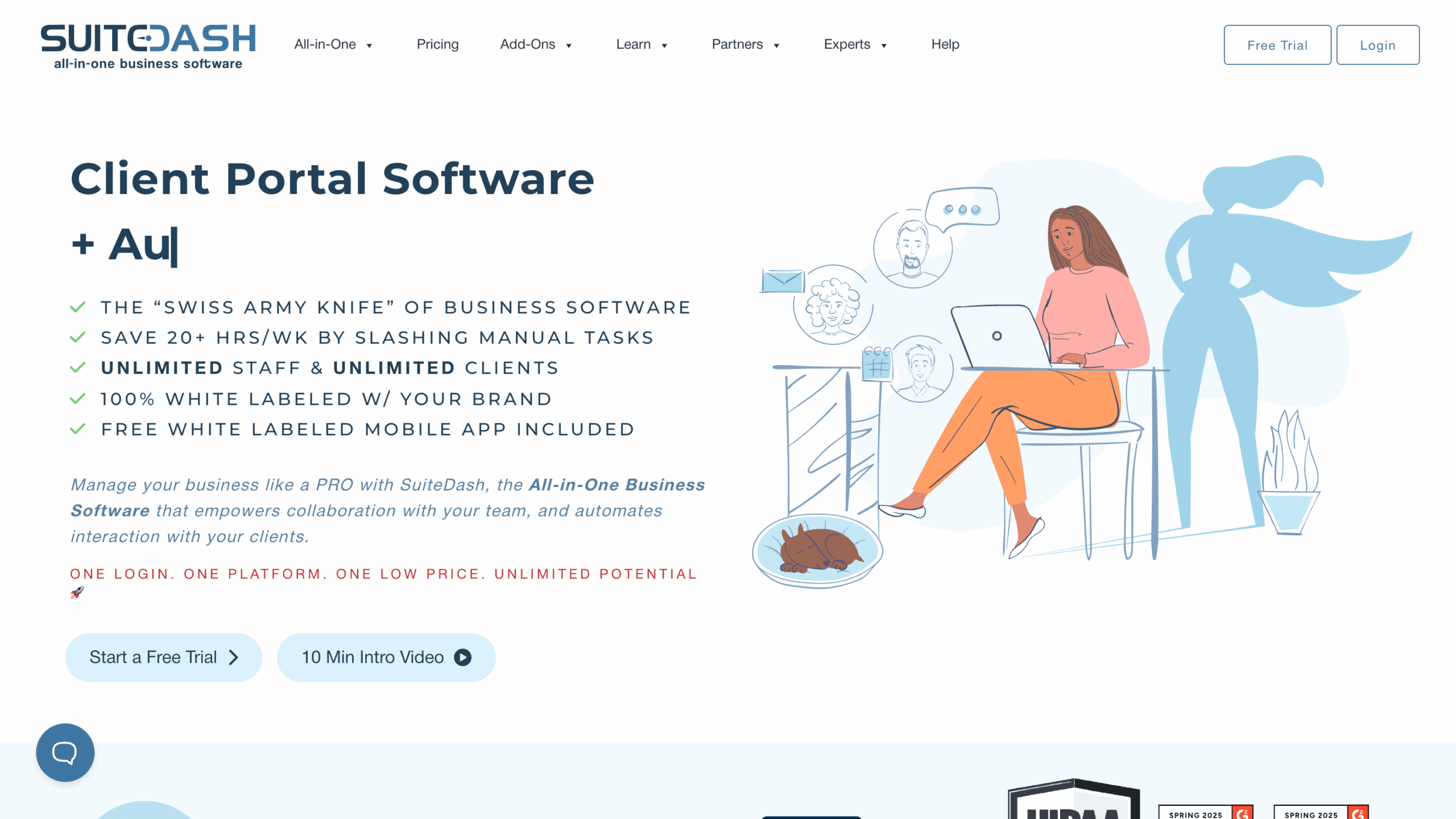 A woman sits with a laptop on a couch, surrounded by business-related icons. The screen displays features of Suitdash client portal software.