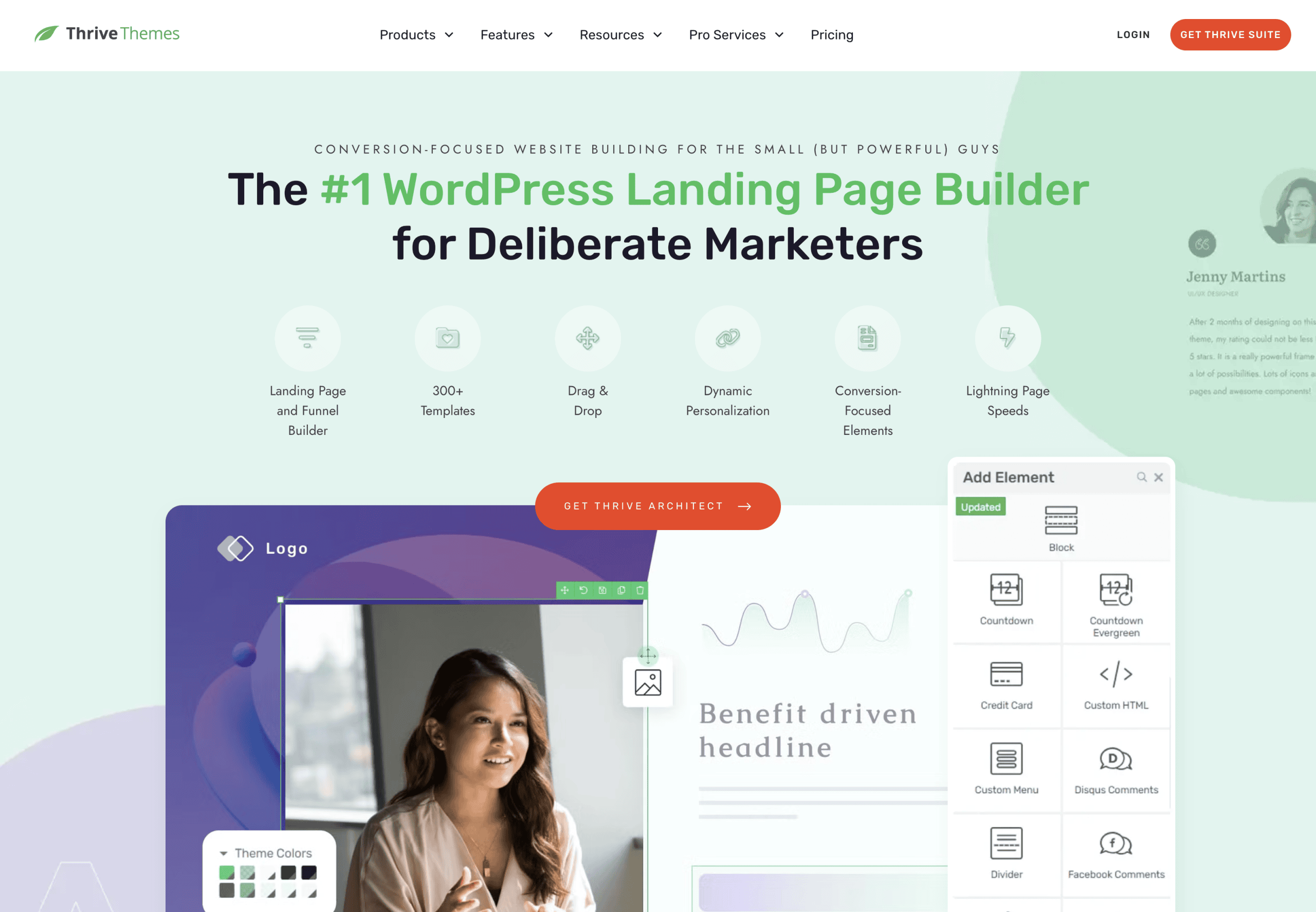 Screenshot of Thrive Themes website promoting its WordPress landing page builder, featuring a headline, product features, a testimonial, and an example of the builder interface.