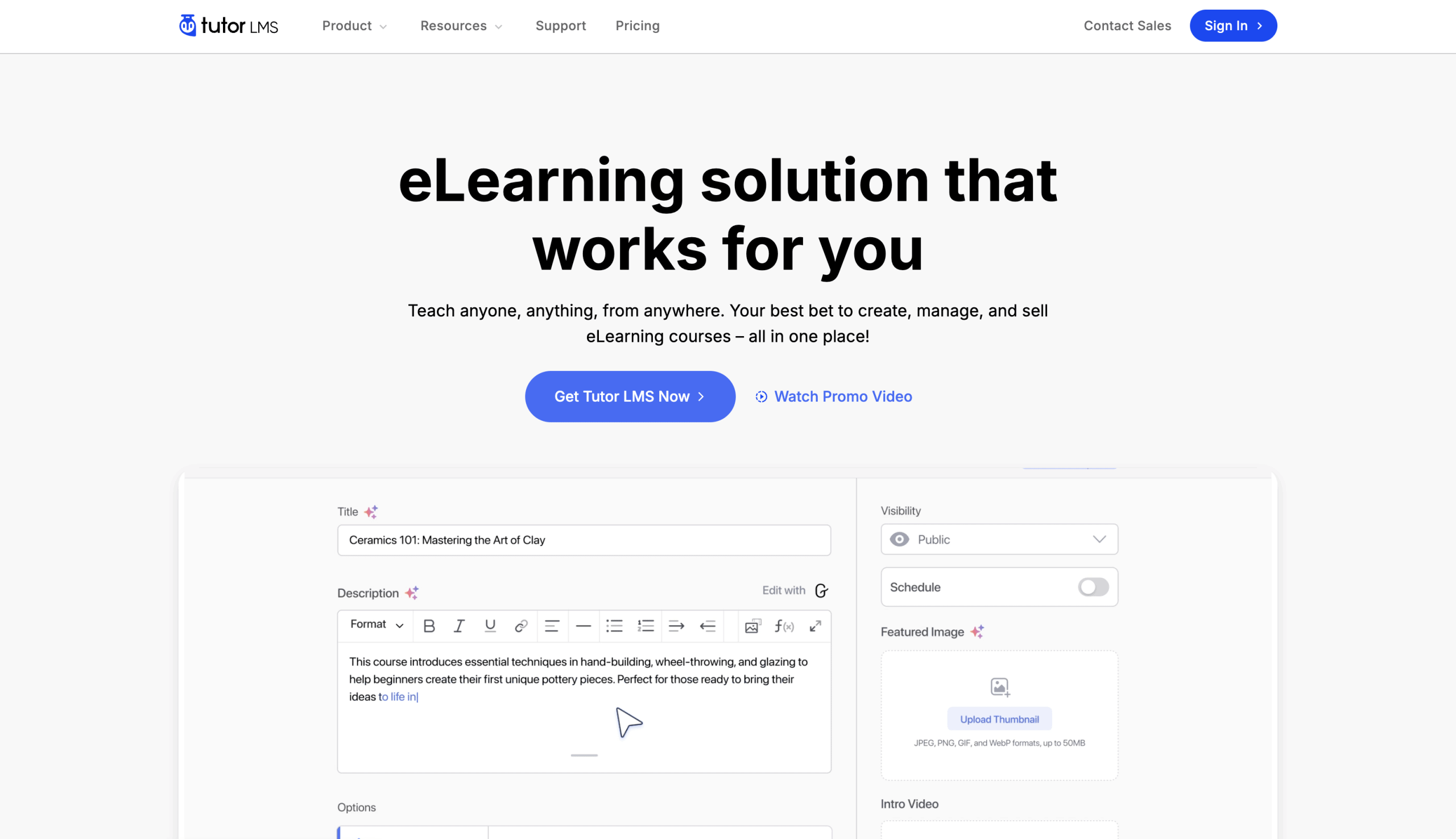 Screenshot of the Tutor LMS dashboard showing a course creation page with fields for title, description, options, visibility, schedule, and featured image.