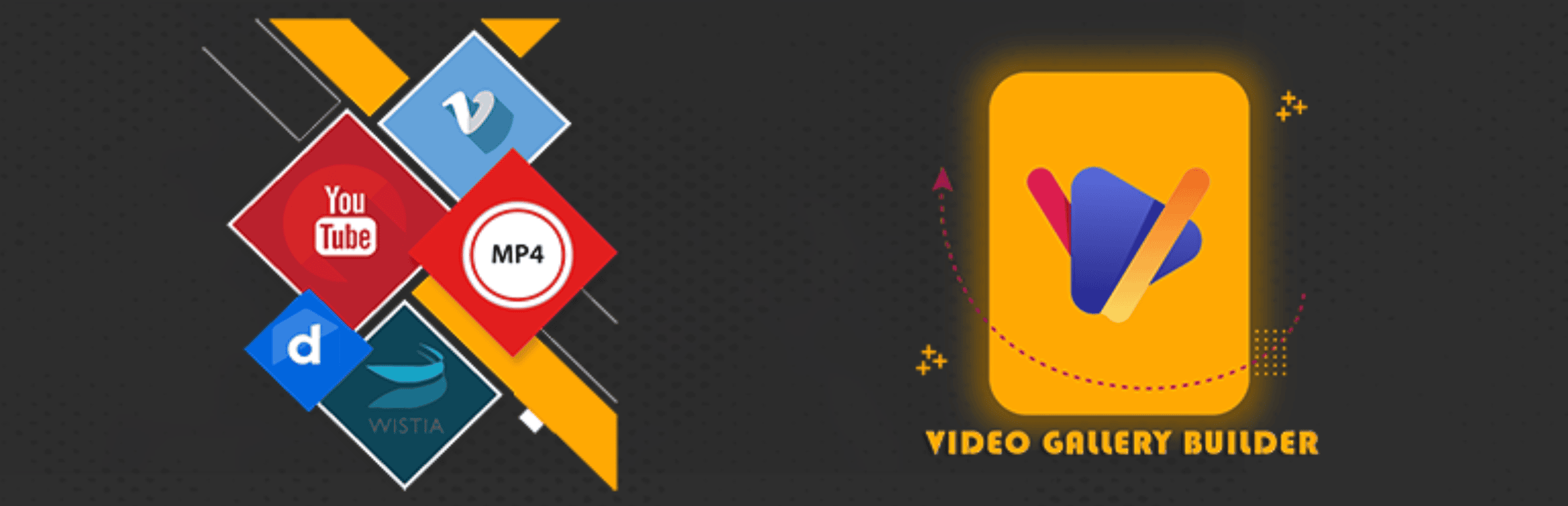 Graphic showing video platform icons (YouTube, Vimeo, dailymotion, WISTIA, MP4) on the left and a "Video Gallery Builder" logo on the right.