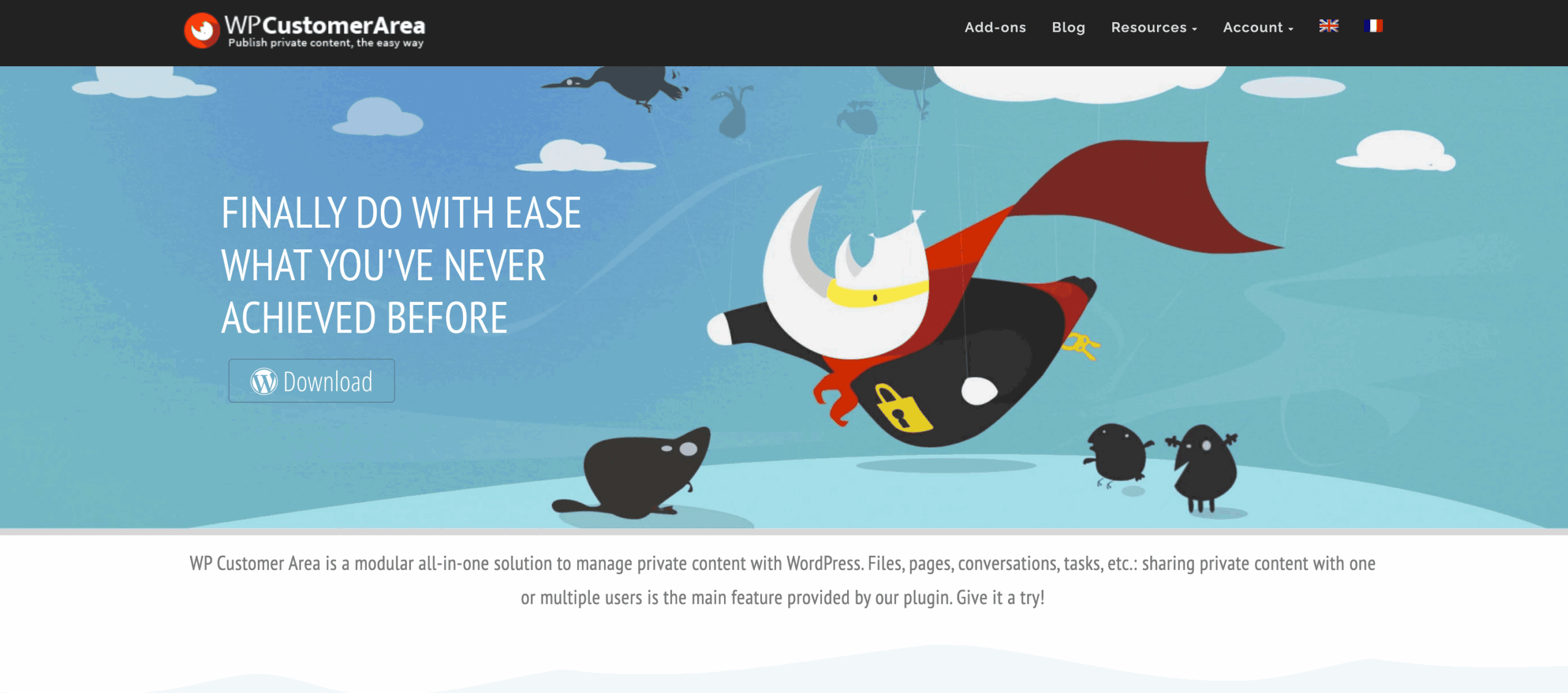 A cartoon superhero penguin flies above startled birds with text: "Finally do with ease what you’ve never achieved before." WP CustomerArea download and description shown.